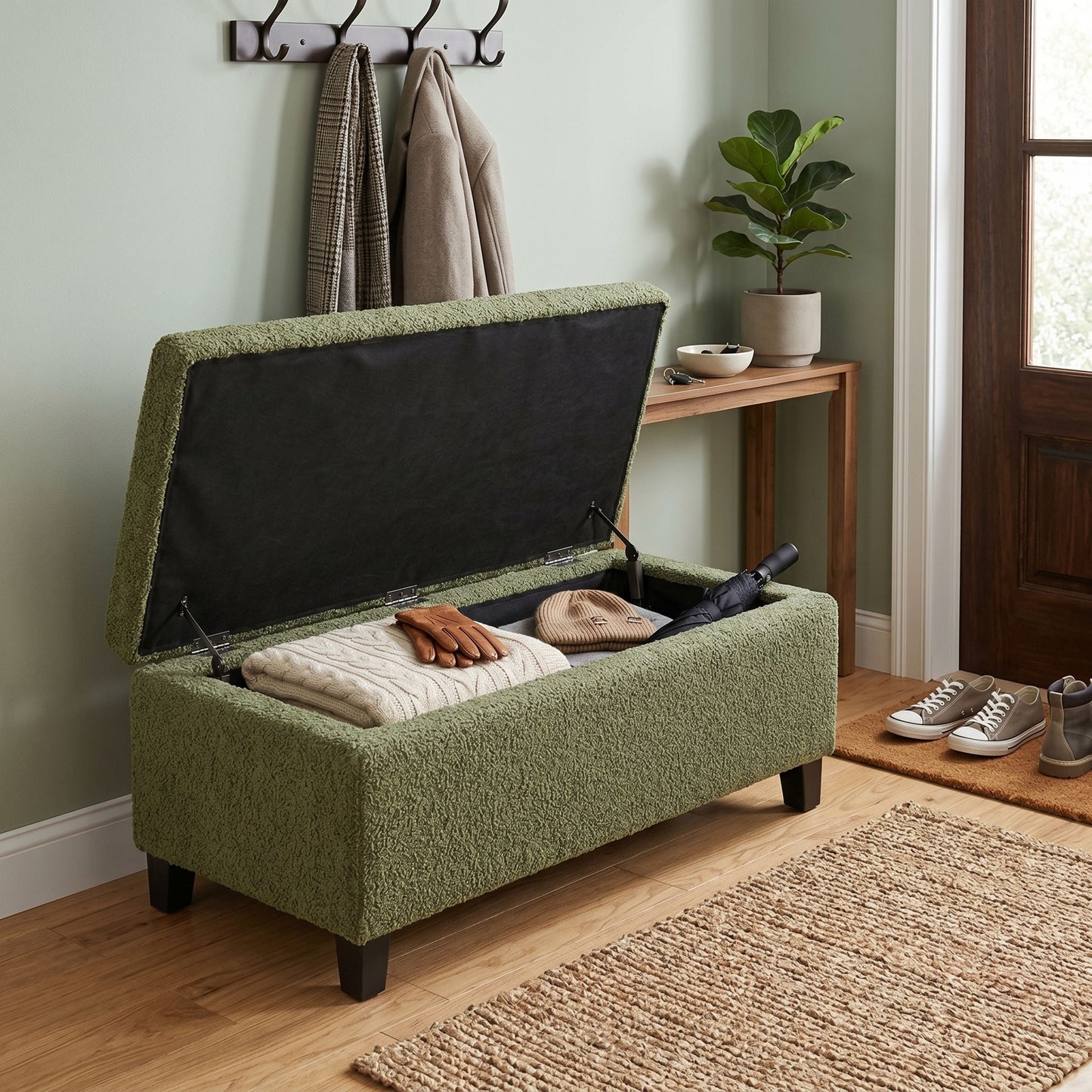 Storage Ottoman with Flip-Top Lid, Easy Assembly, Boucle Fabric & Rubber Wood Legs