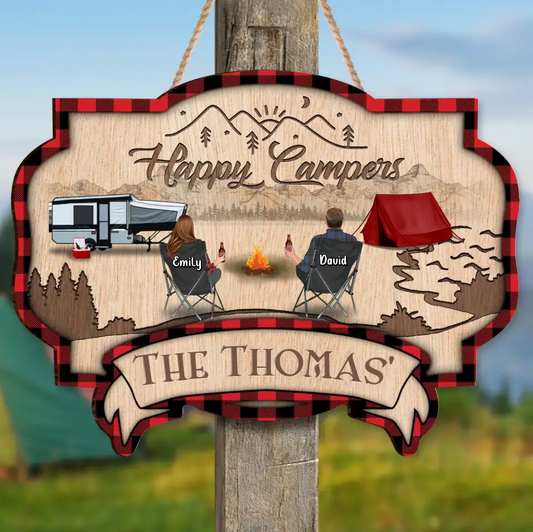 Personalized Camping Wooden Sign - Couple/Parents with Up to 2 Children & 3 Pets - Christmas Gift Idea For Camping Lovers/Couple/Family - Happy Campers