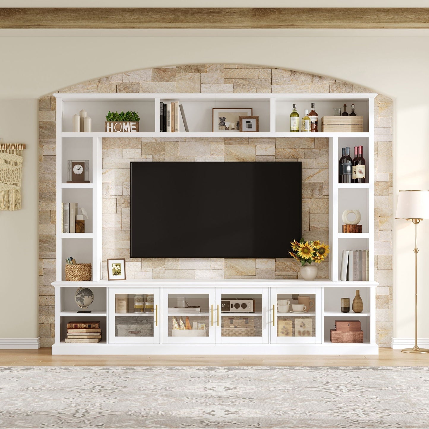 All-In-One Entertainment Center with Bookshelves & Tempered Glass Doors