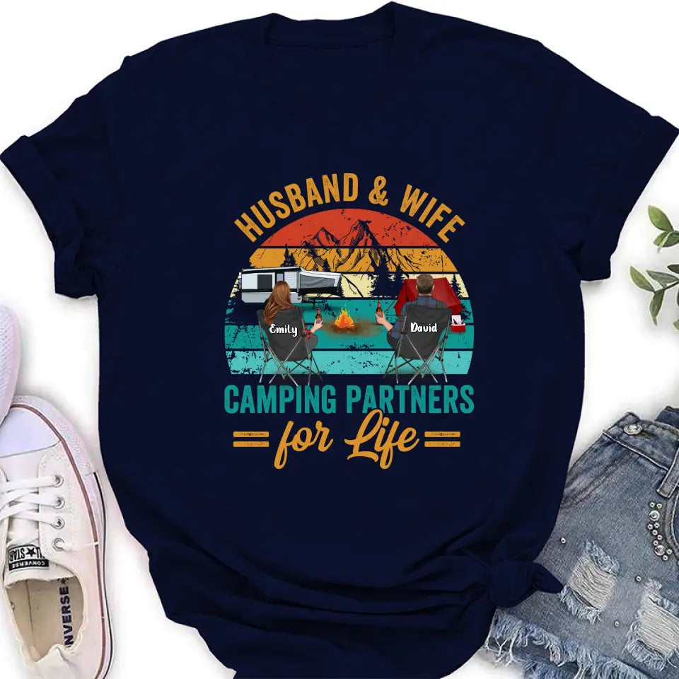 Personalized Camping Shirt/Hoodie - Couple With Up to 2 Children & 3 Pets - Camping Lovers Gift Idea - Husband & Wife Camping Partners For Life