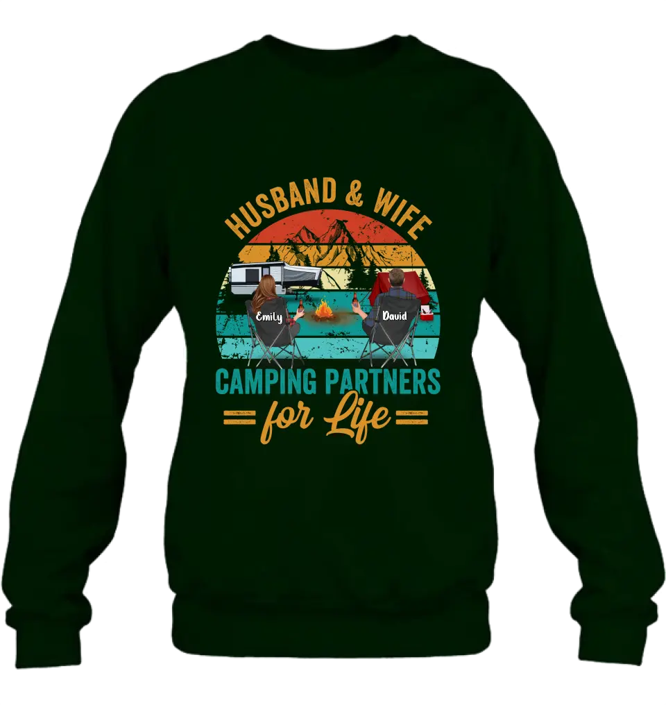 Personalized Camping Shirt/Hoodie - Couple With Up to 2 Children & 3 Pets - Camping Lovers Gift Idea - Husband & Wife Camping Partners For Life