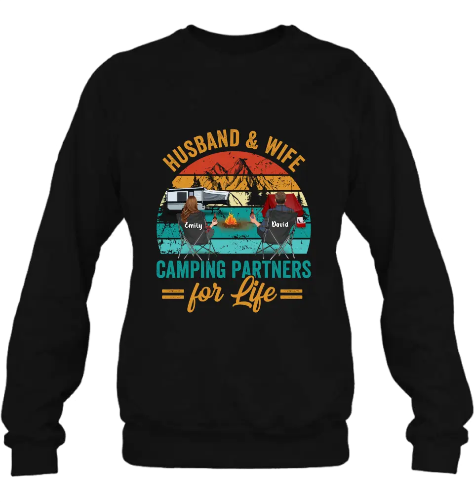 Personalized Camping Shirt/Hoodie - Couple With Up to 2 Children & 3 Pets - Camping Lovers Gift Idea - Husband & Wife Camping Partners For Life