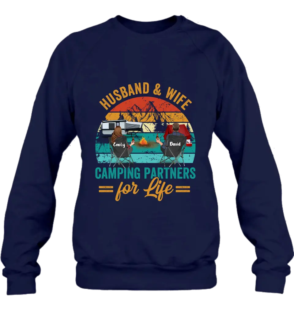 Personalized Camping Shirt/Hoodie - Couple With Up to 2 Children & 3 Pets - Camping Lovers Gift Idea - Husband & Wife Camping Partners For Life