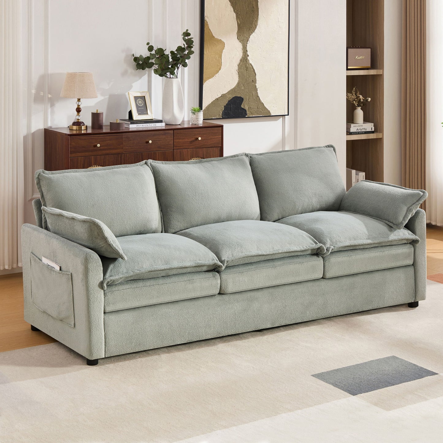 Modern 3 Seater Sofa With Side Storage Pockets For Living Room