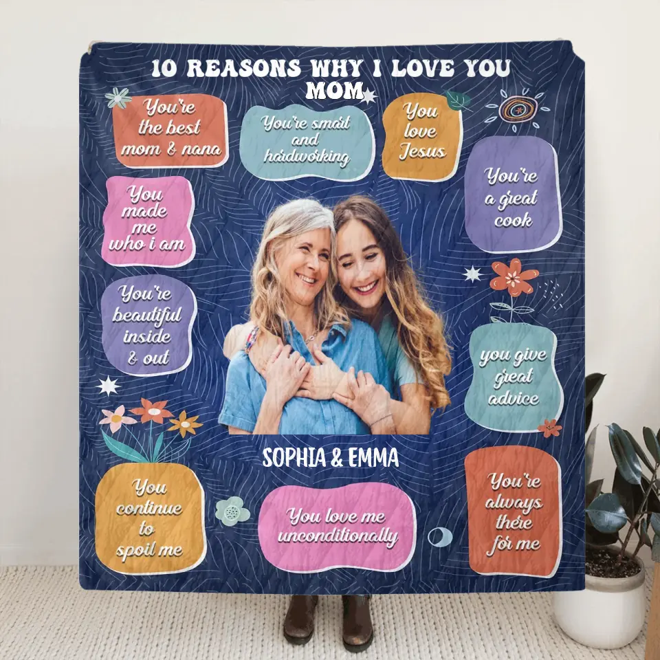 Personalized Photo Quilt/Fleece Throw Blanket - Mother's Day Gift Idea for Mom/Grandma - 10 Reasons Why I Love You