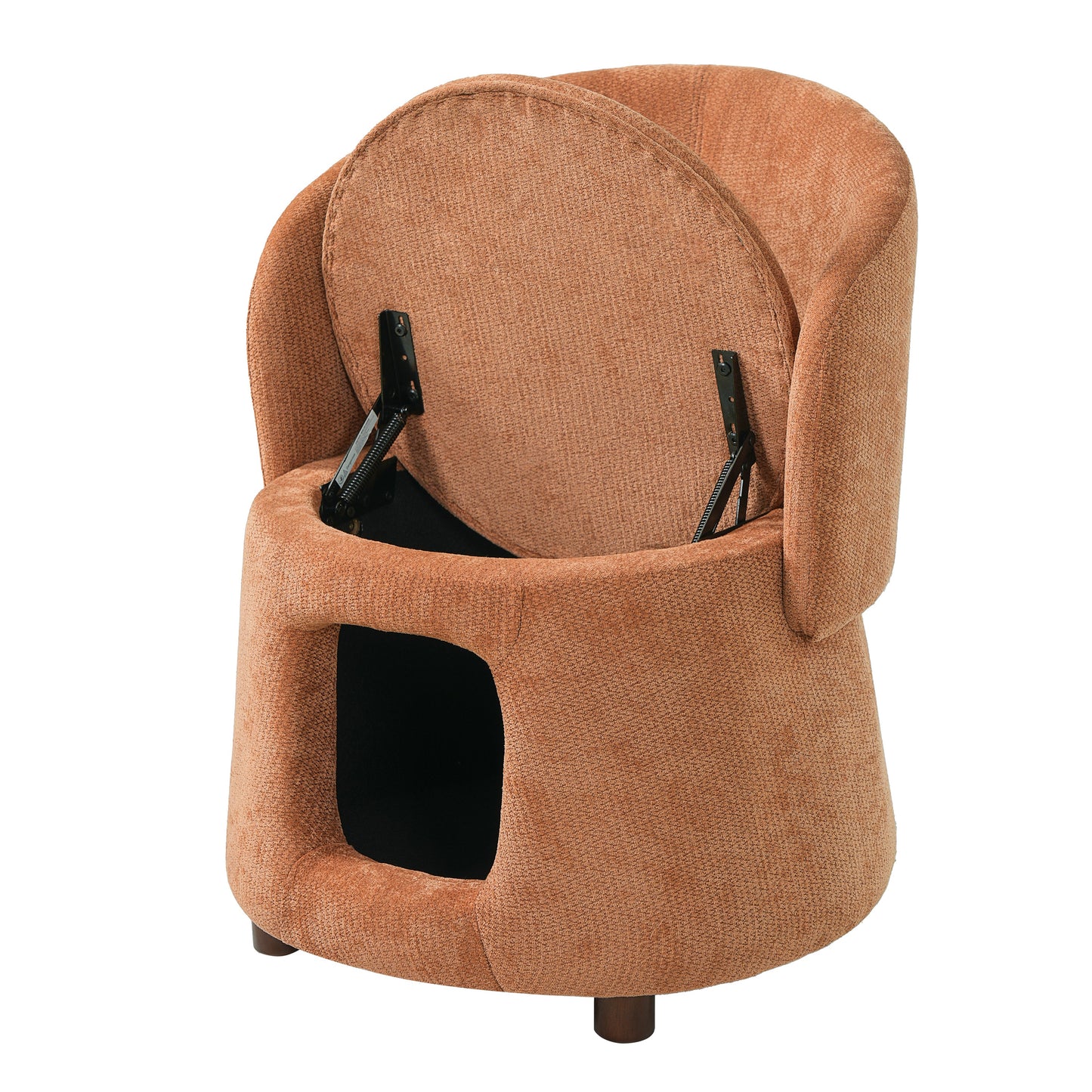 Orange Pet Friendly Chair with Hidden Pet Nook, Convertible Stool, and Storage Seat