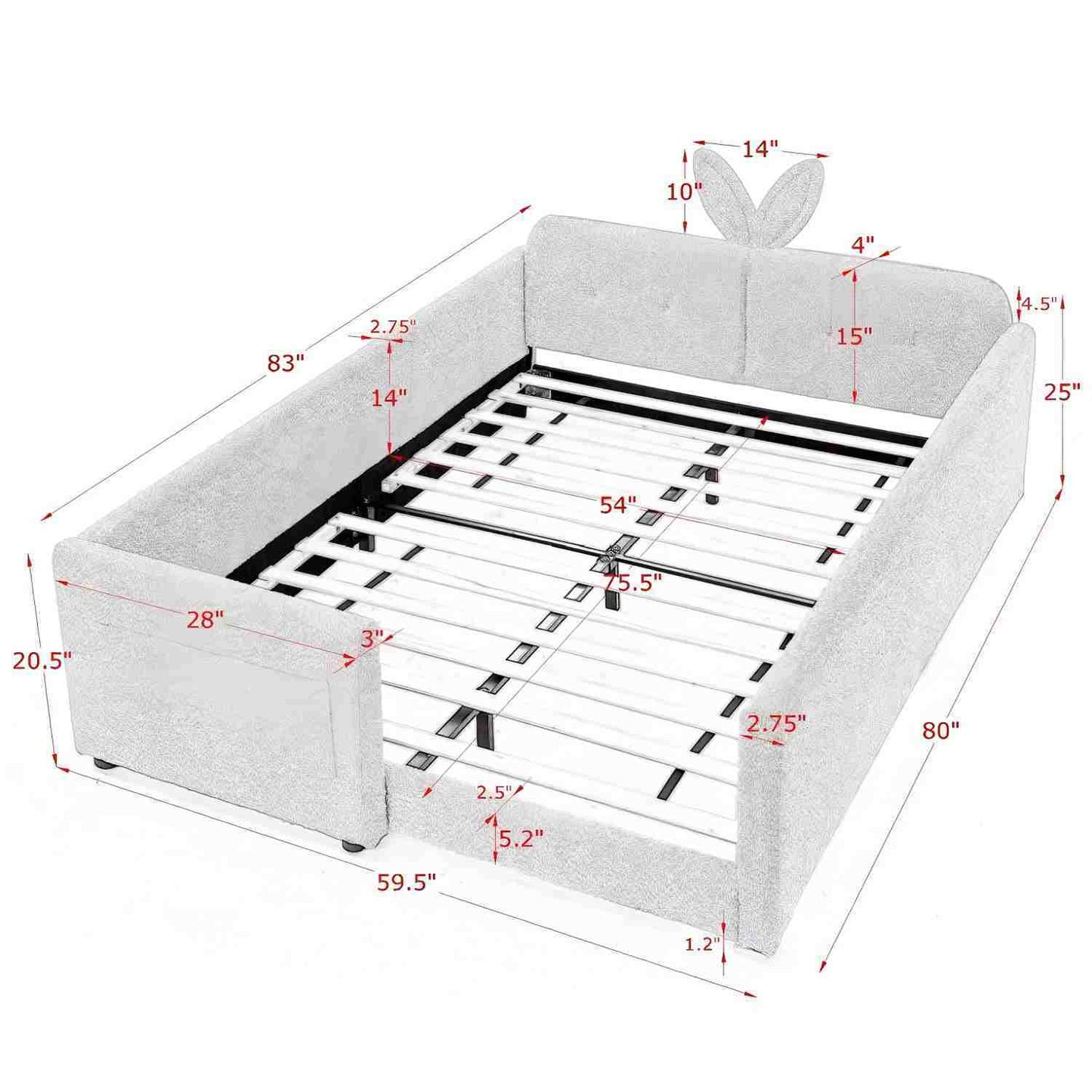Cute Rabbit Ear Upholstered Platform Bed Frame With Safety Rail
