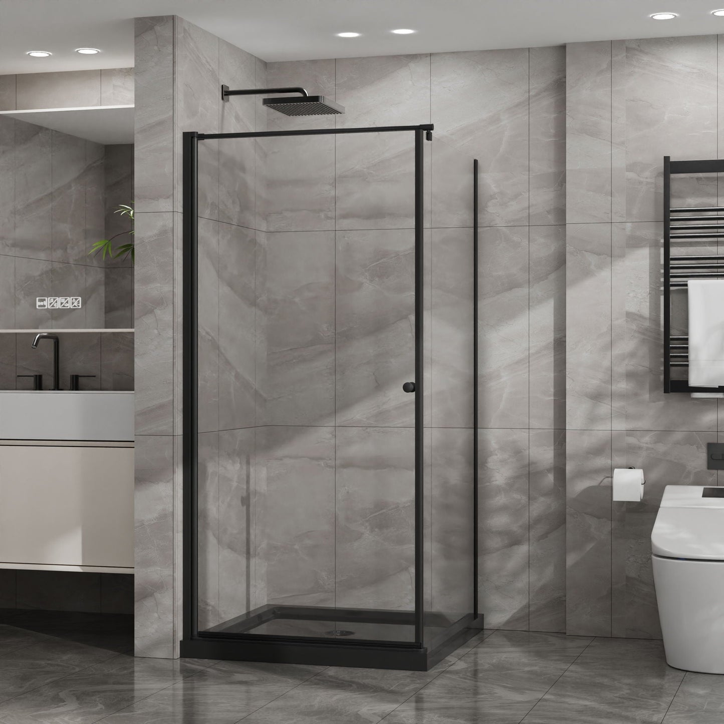 Corner Shower Enclosure with Frameless Pivot Door - Black
