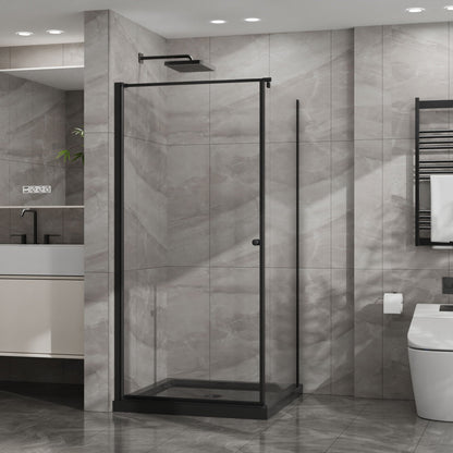 Corner Shower Enclosure with Frameless Pivot Door - Black