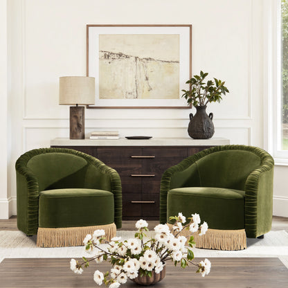 Serena 31.5" Ruched Barrel Back Accent Arm Chair with Bullion Fringe, Olive