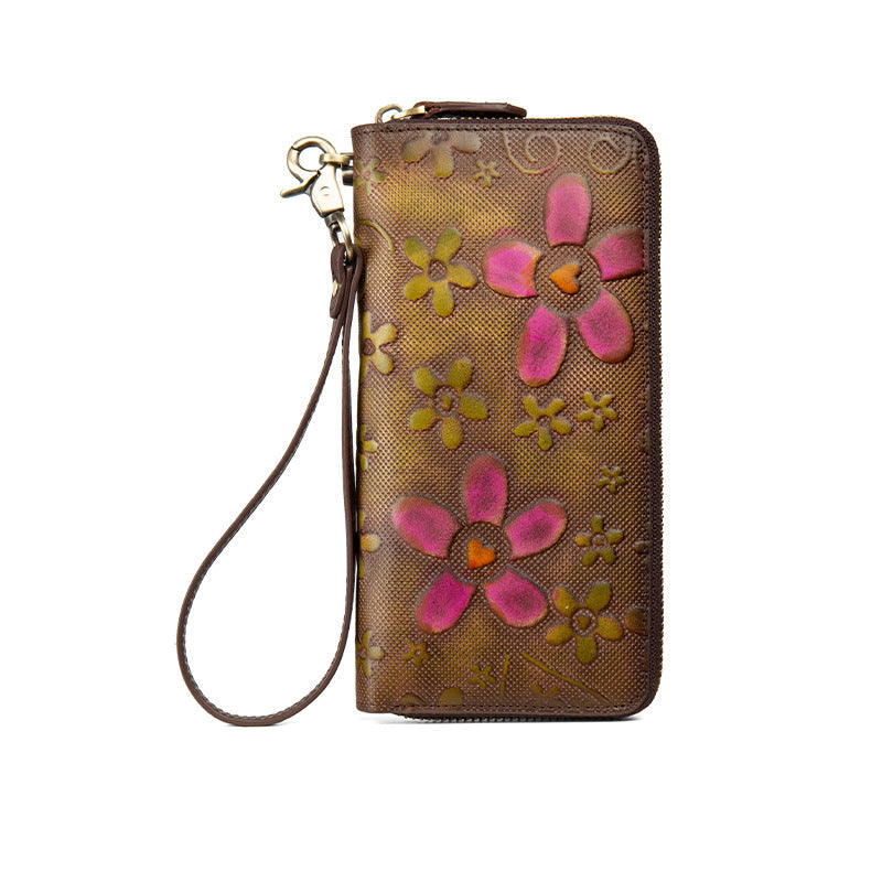 Long Vintage Handcrafted Distressed Zipper Purse Top-Grain Leather Wallet