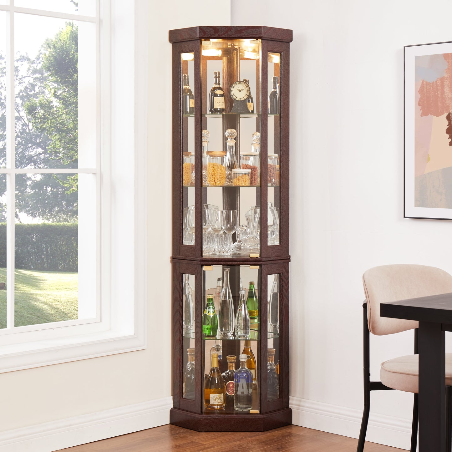Corner Glass Cabinet Lighted Curio Cabinet in Dark Cherry