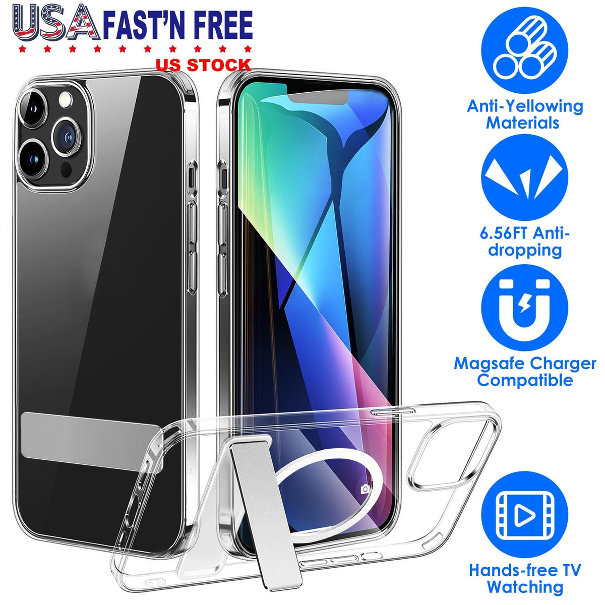 Magnetic Metal Kickstand Clear Case Shockproof Anti Yellowing Phone Cover Compatible with Magsafe Fit for IOS Phone 14 Plus