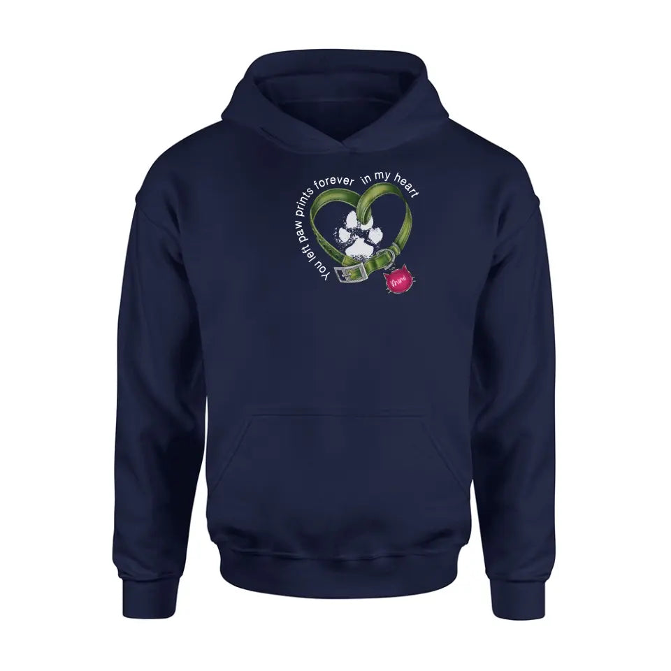 Personalized Cat Collar Pawprints T-shirt/Hoodie - Memorial Gift Idea For Cat Lover/Mother's Day/Father's Day - You Left Paw Prints Forever In My Heart