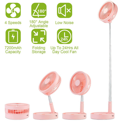 Portable Folding Desk Table Fan Quiet USB Rechargeable Telescopic Standing Floor Fan w/ 4 Speeds Adjustable Height 180¡ Tilting Angle For Office Home