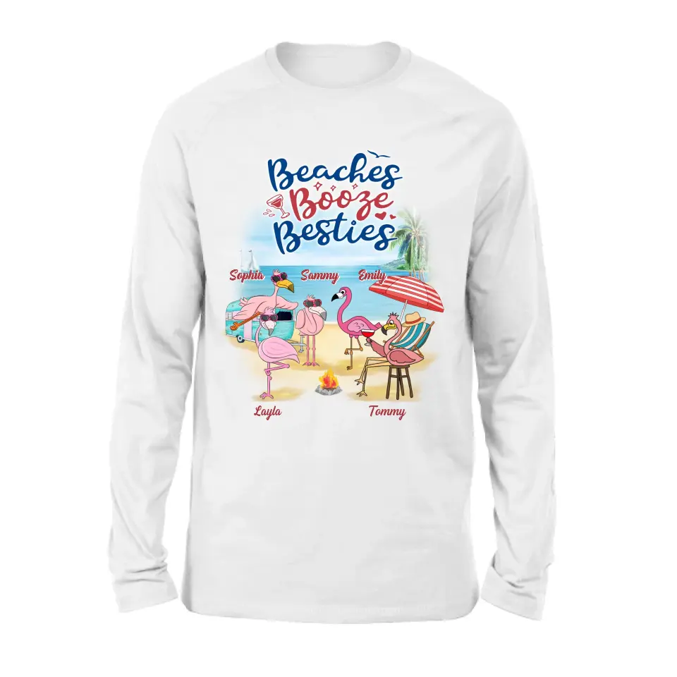 Personalized Beach Besties Shirt/Hoodie - Gift Idea For Besties/Friends/Beach Lovers - Up to 5 Flamingos  - Beaches Booze Besties