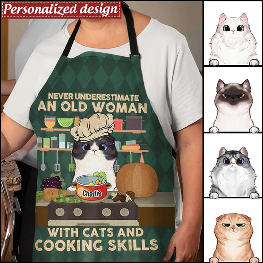 Personalized Cat Mom/Cat Dad Fashion Home Pocketless Apron - Up to 3 Cats - Gift Idea for Cat Lovers/Cooking Lover - Never Underestimate An Old Man With Cats And Cooking Skills