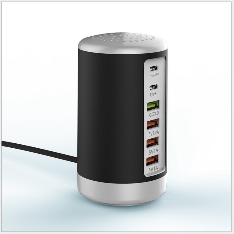 6-Port Cylindrical Fast Charger Hub | 65W USB-C PD & QC3.0 Multi-Device Desktop Charging Station – White