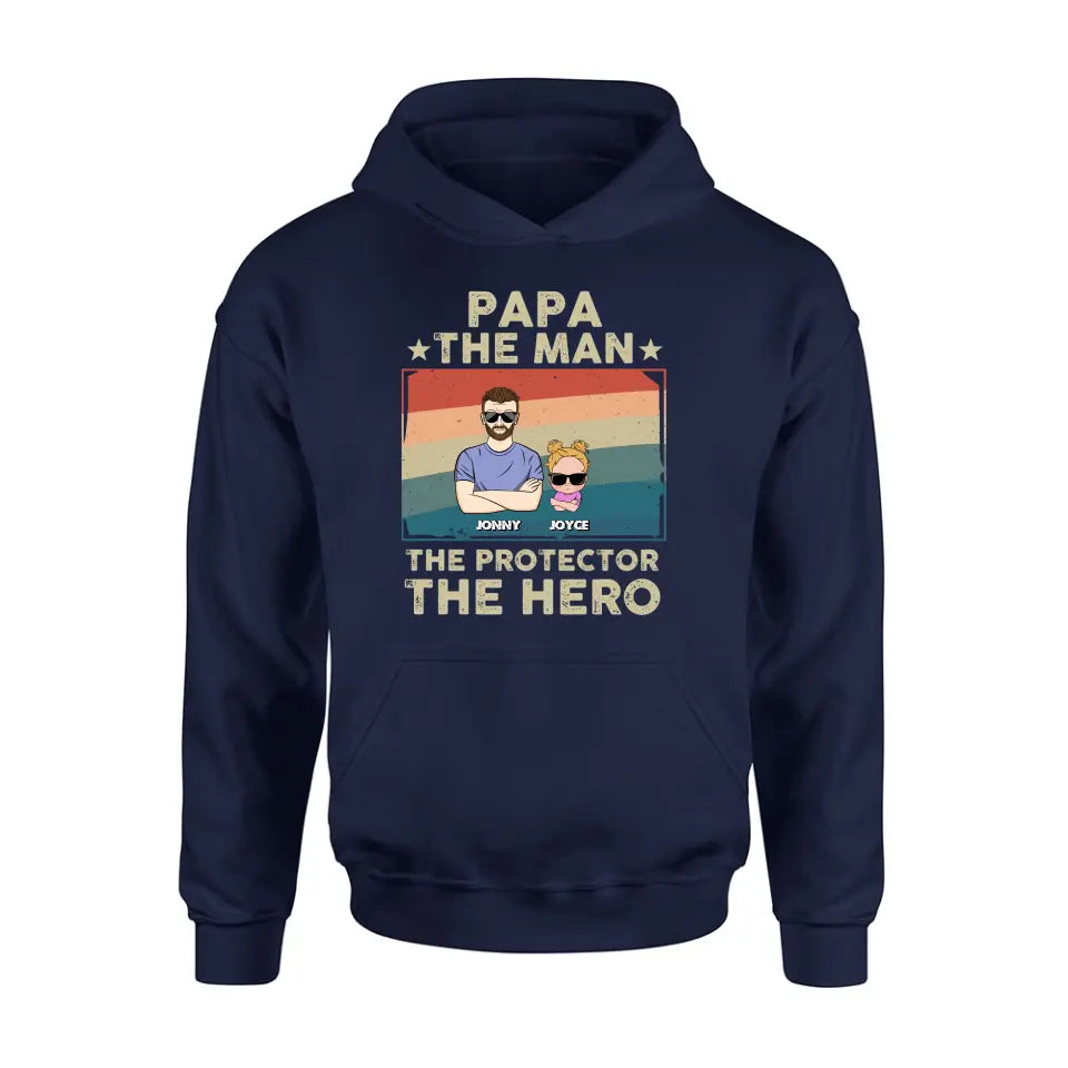 Personalized Grandpa Shirt/Hoodie - Grandpa with up to 9 Grandchildren - Father's Day Gift Idea for Grandpa - Papa The Man The Protector The Hero