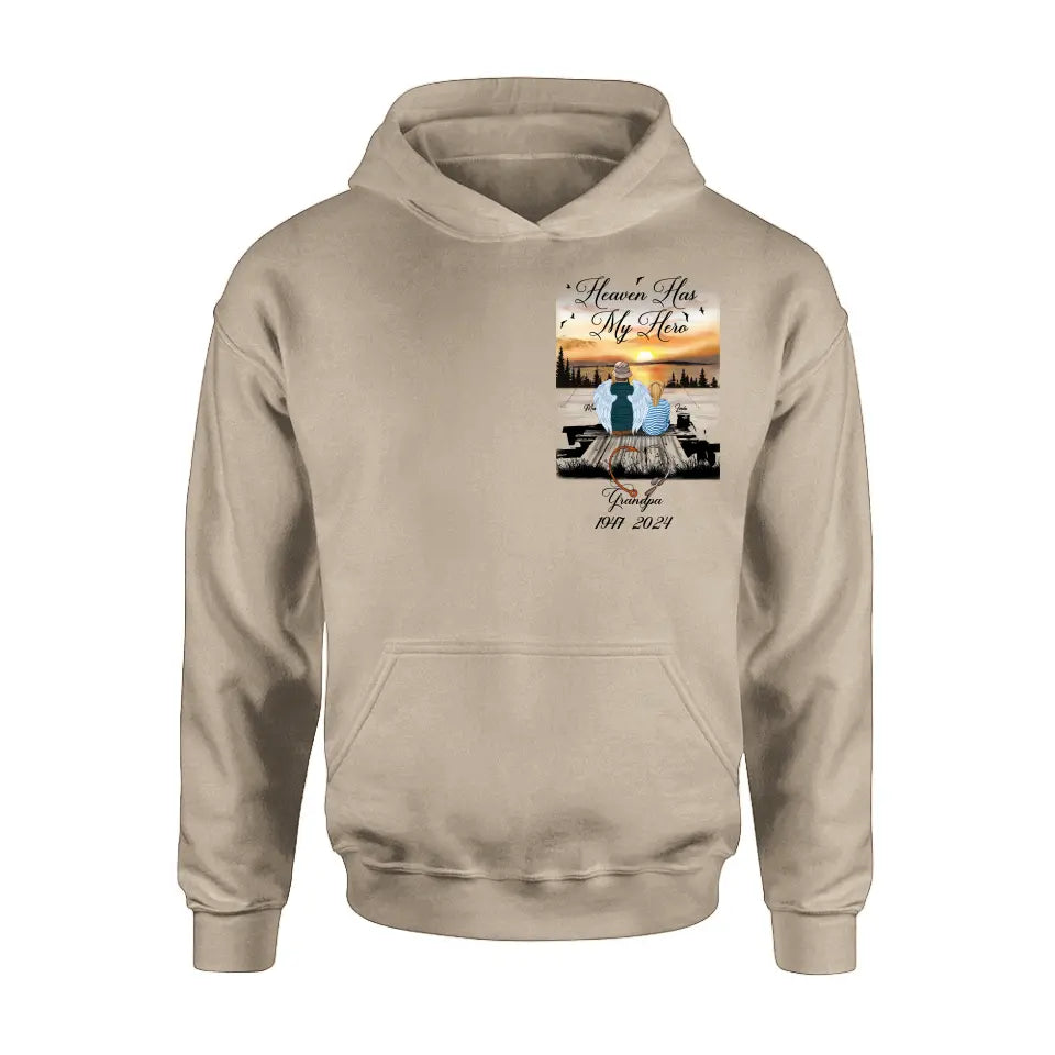 Personalized Memorial Fishing Grandpa Shirt/Hoodie - Memorial Gift Idea For Dad/Grandpa/Father's Day - Heaven Has My Hero