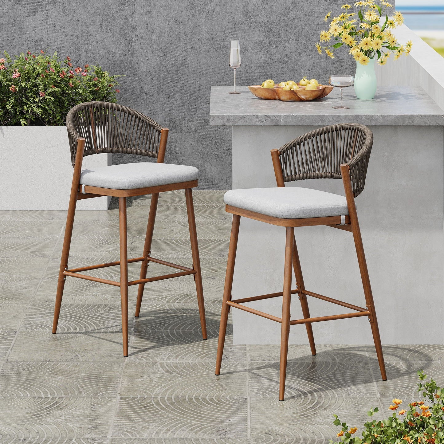 Outdoor Bar Height Metal Frame Counter Stools with Scallop-Shaped Backrest & Water-Resistant Cushions