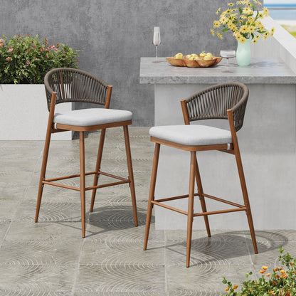 Outdoor Bar Height Metal Frame Counter Stools with Scallop-Shaped Backrest & Water-Resistant Cushions