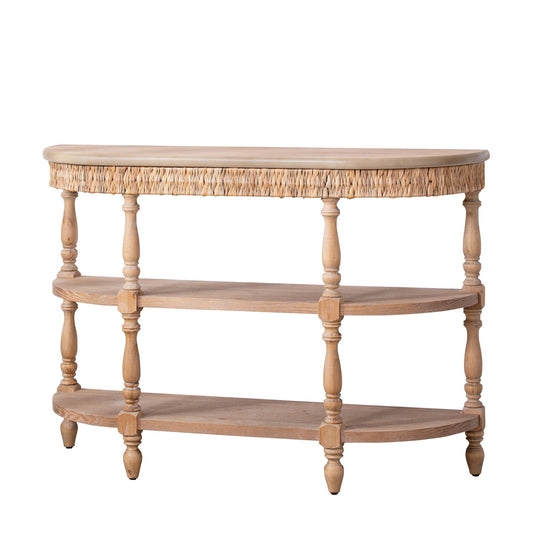 Handcrafted Console Table With Hand Woven Trim, 3 Tier Storage Shelves - Natural
