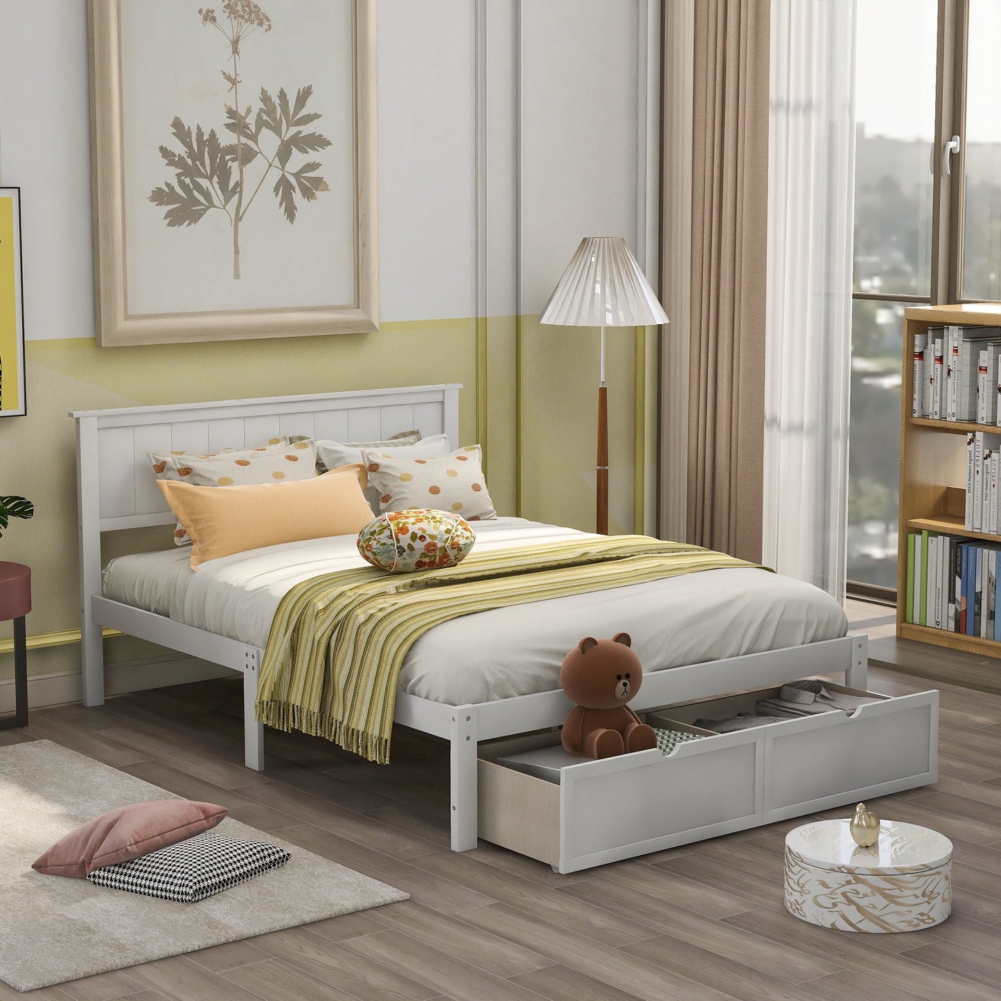 Full Size Platform Bed With Under Bed Drawers - White