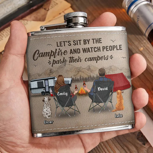 Personalized Camping Leather Flask - Gift Idea For Camping Lover/Couple/Family - Couple/Parents With Up to 3 Kids And 2 Pets - Let's Sit By The Campfire And Watch People Park Their Campers