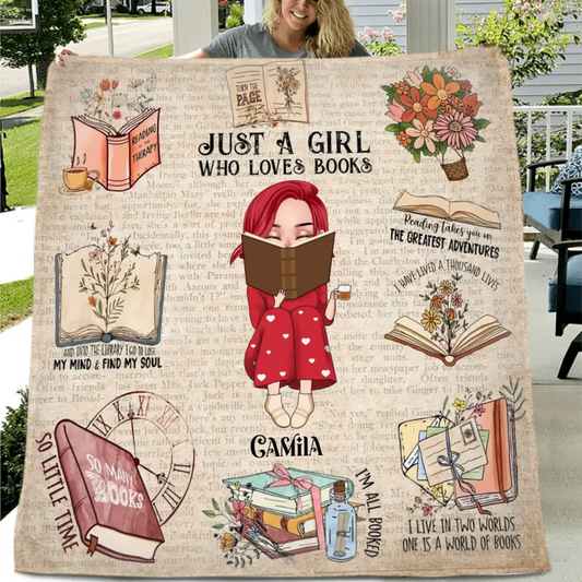 Personalized Reading Girl Quilt/Fleece Throw Blanket/Pillow Cover - Gift Idea For Book Lover - Just A Girl Who Loves Books