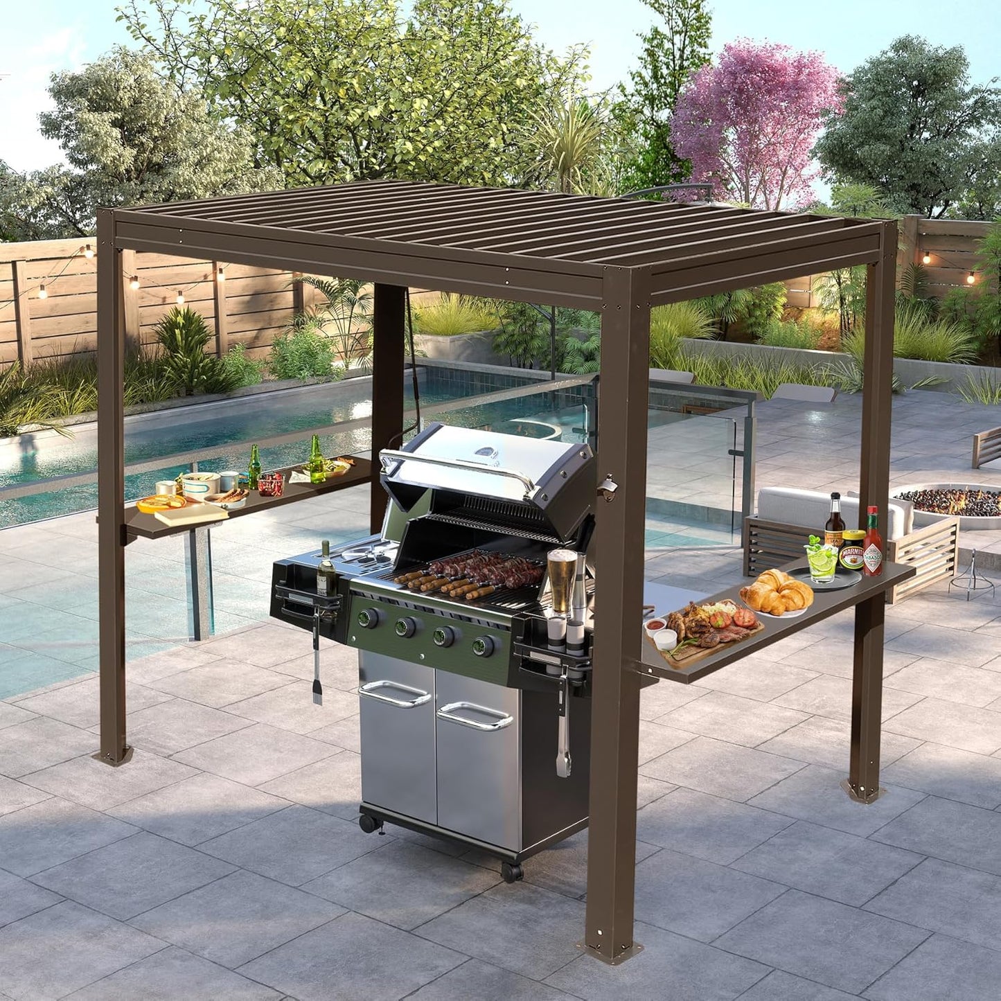 8x5 Ft Grill Louvered Pergola with Adjustable Roof and Built-in Gutter