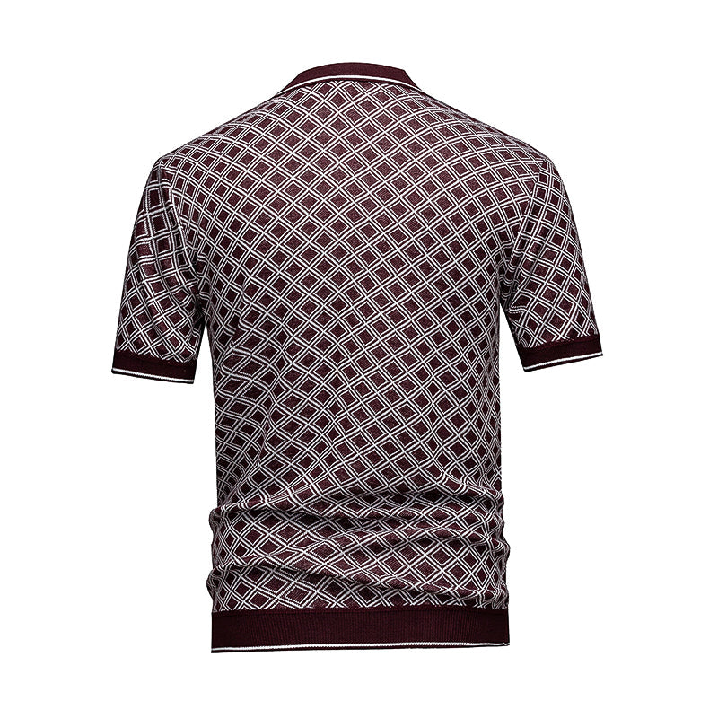 Men's Short Sleeve Knit Polo Shirt, Burgundy Diamond Geometric Jacquard, Smart Casual Retro Style, Breathable Knitted Top