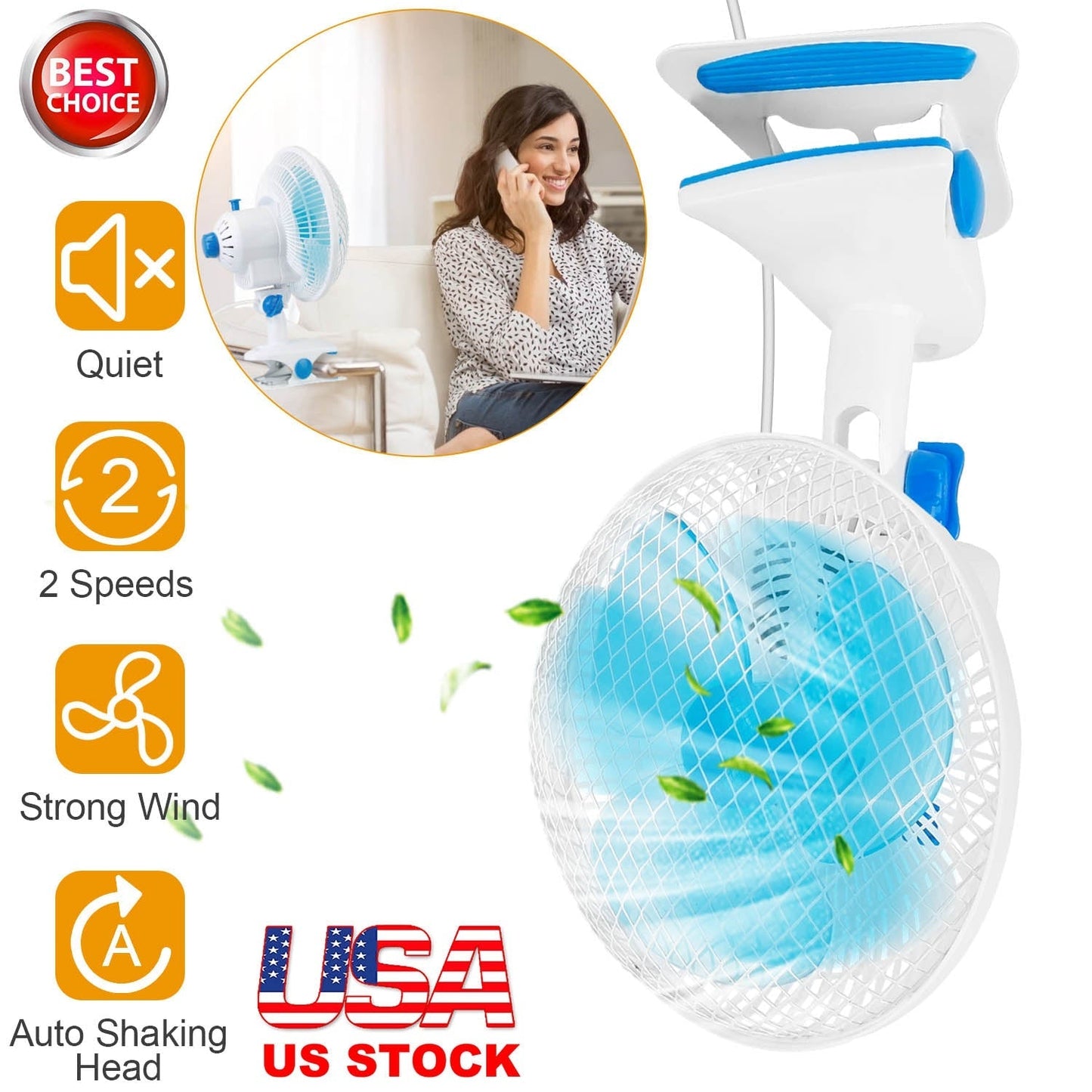 Clip On Fan 2 Speeds Quiet Clamp Fan Adjustable Tilt Auto Shaking Fan Wall Mount Personal Fan For Desk Office Home Baby Strollers Table Tops w/ 3.94FT