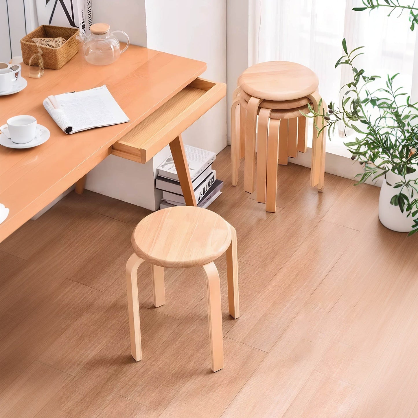 Stackable Bentwood Stool Set of 4, 18" Round Backless Nesting Stools