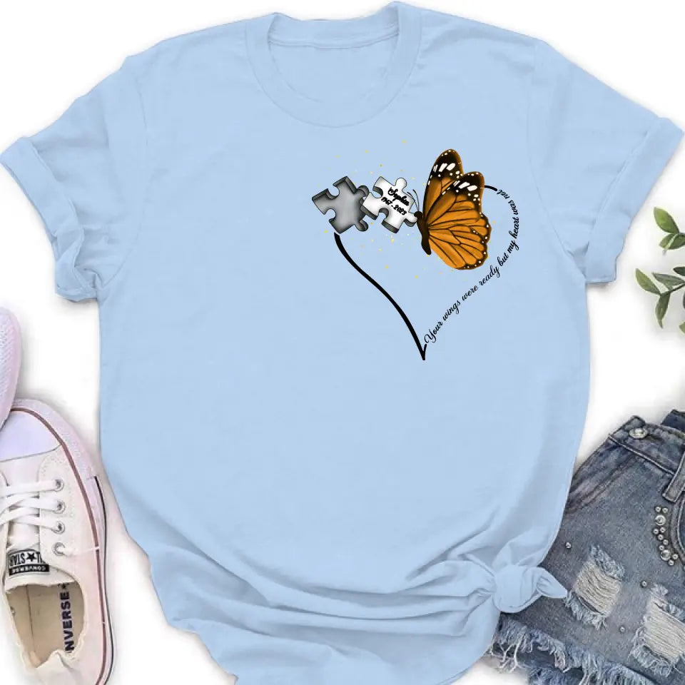 Personalized Memorial Butterfly Shirt/Hoodie - Memorial Gift Idea For Family Member - A Piece Of My Heart Lives In Heaven