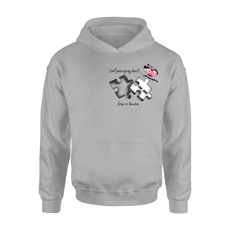 Personalized Memorial Butterfly Shirt/Hoodie - Memorial Gift Idea For Family Member - A Piece Of My Heart Lives In Heaven