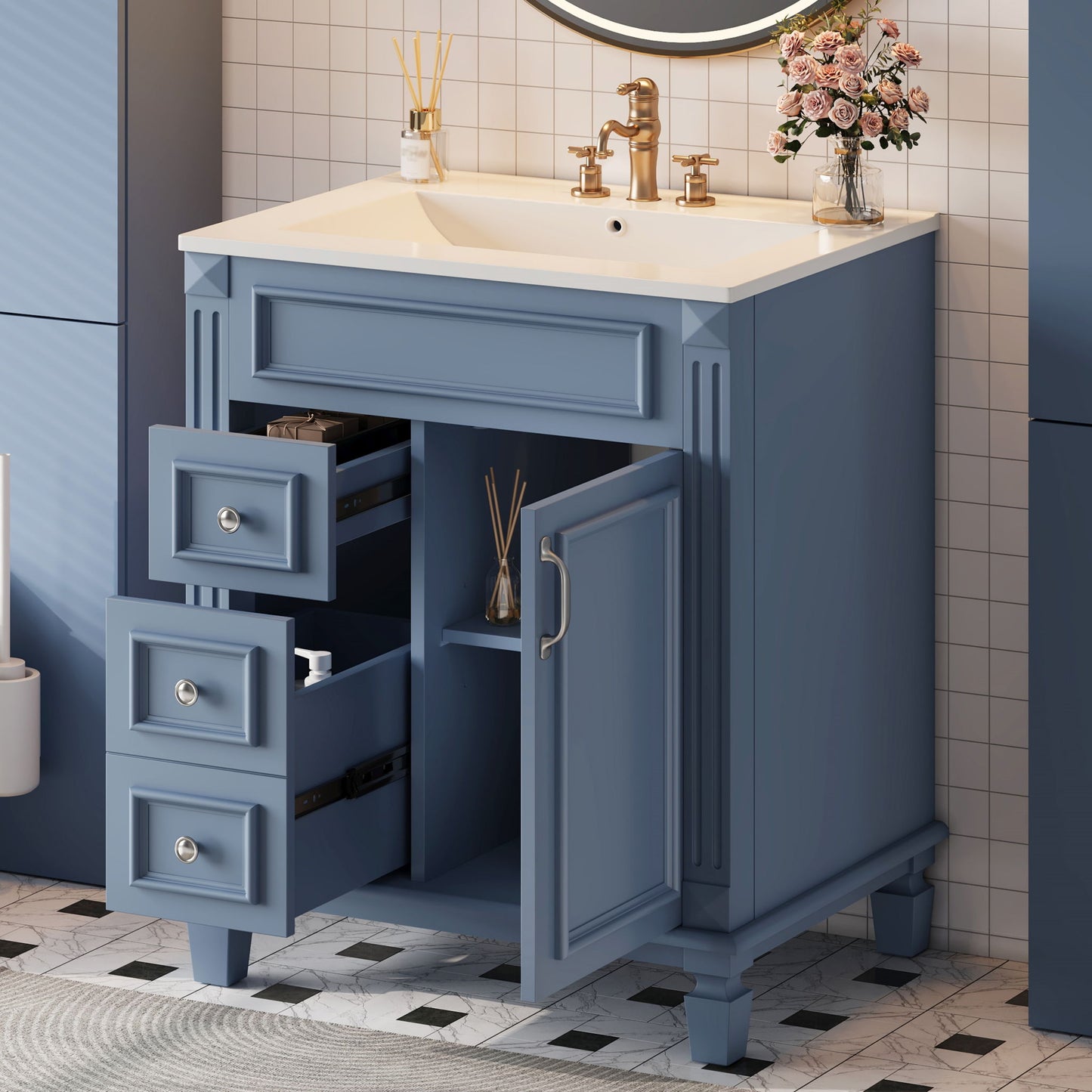 Bathroom Vanity With Sink, Compact Cabinet & 2 Drawers And Adjustable Shelf