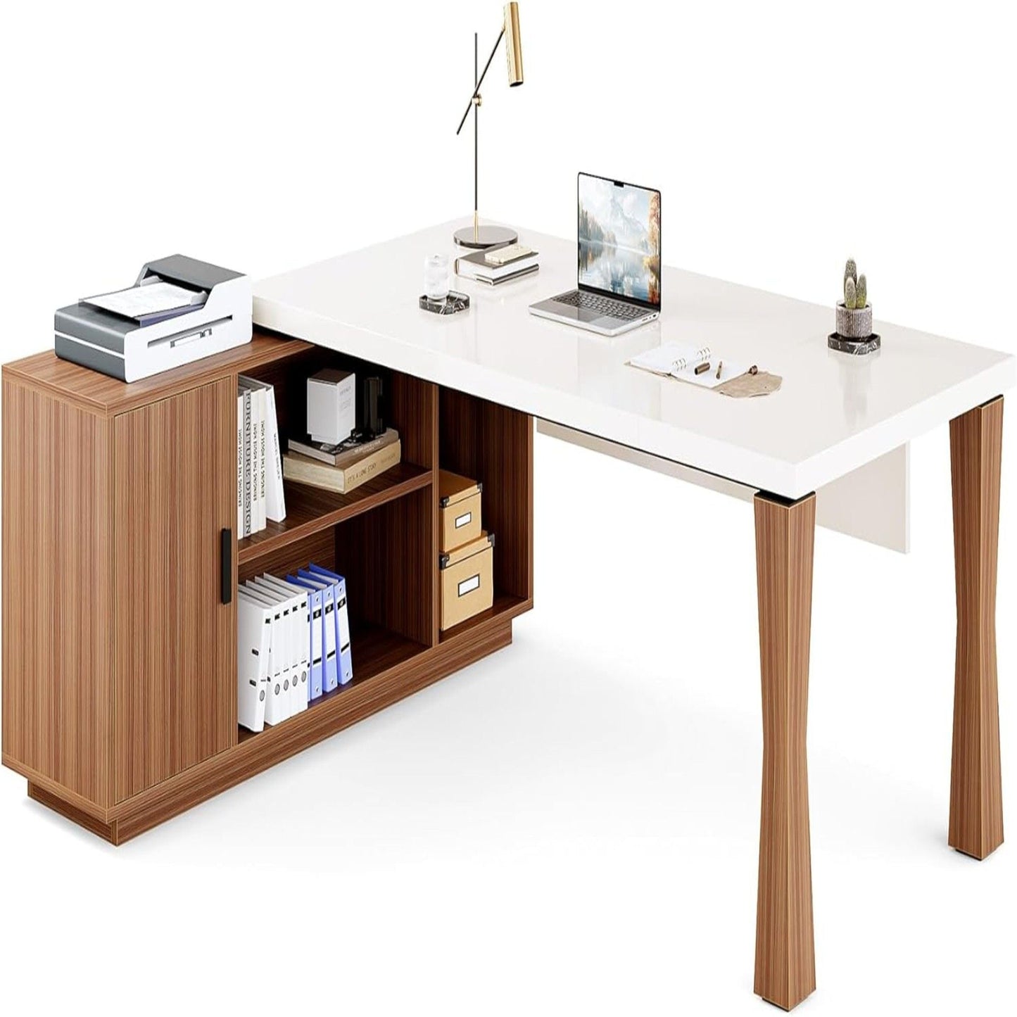 L-Shaped Executive Desk With Storage Cabinet, Home Office Workstation With Shelves - White / Walnut