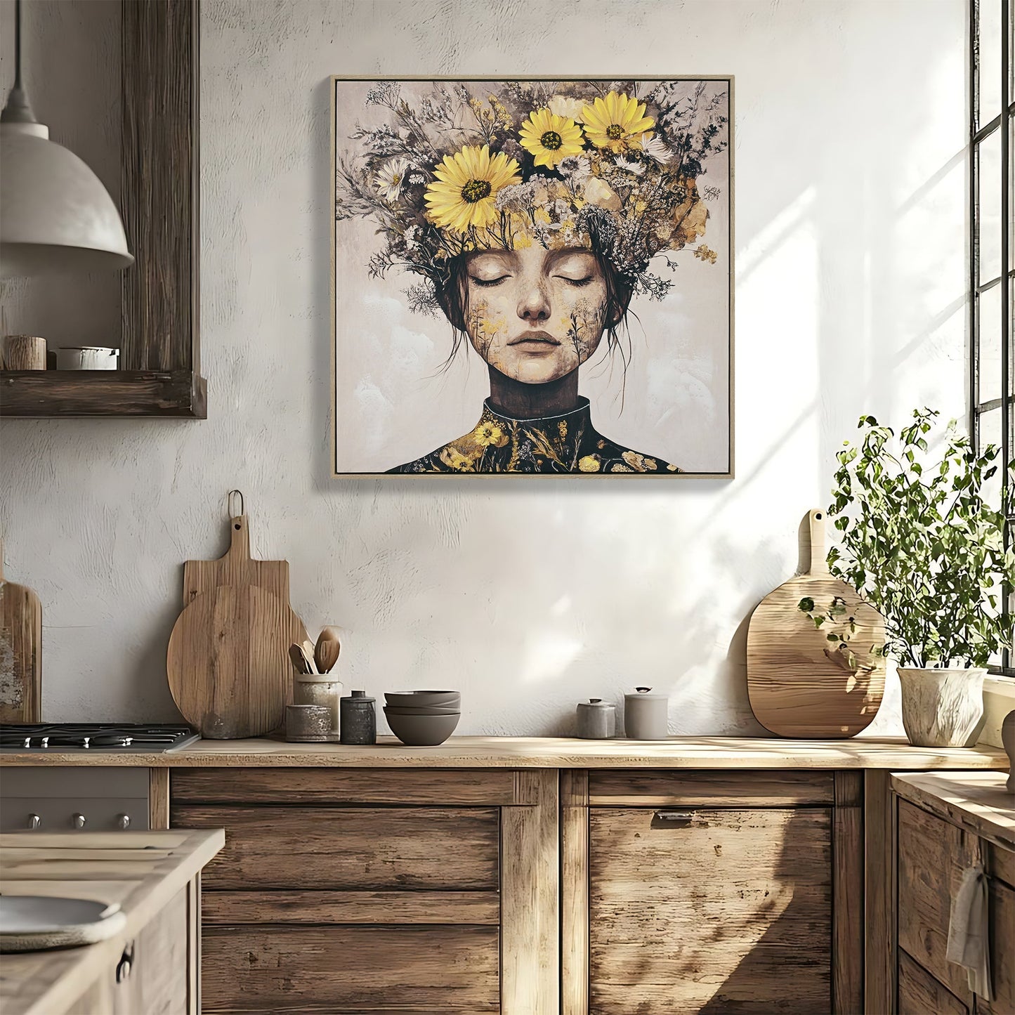 Beauty Lady Wall Art Gold and White Floral Canvas Artwork 24x24 Inch