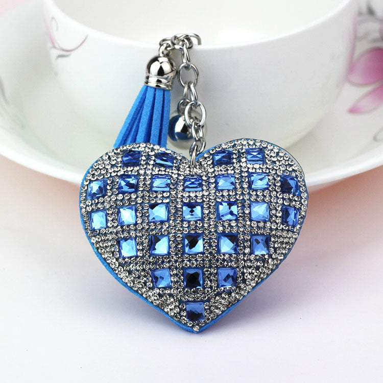 LuxeCharm Sparkling Gold Rhinestone Heart Keychain | Champagne Crystal Studded Heart Bag Charm with Tassel and Bell – European Style Personalized Gift