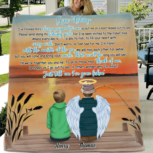 Personalized Gone Fishing In Heaven Fleece Throw Blanket/Quilt - Memorial Gift Idea For Dad