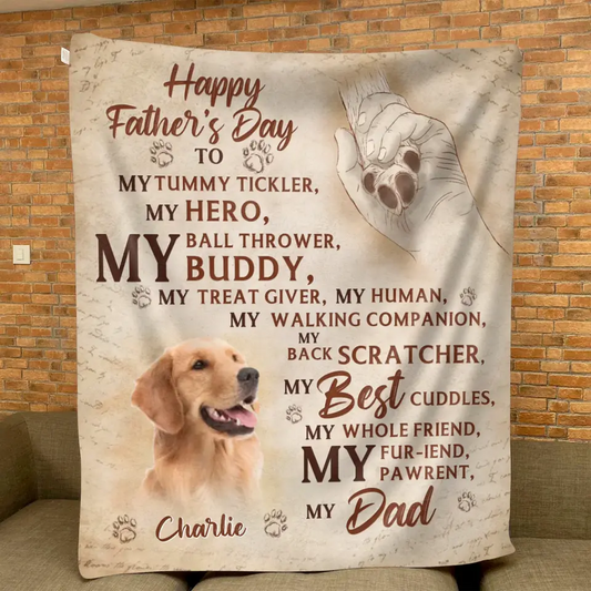 Personalized Father's Day Fleece Throw Blanket - Gift Idea For Dog Owner - Upload Dog Photo - Happy Father's Day To My Hero