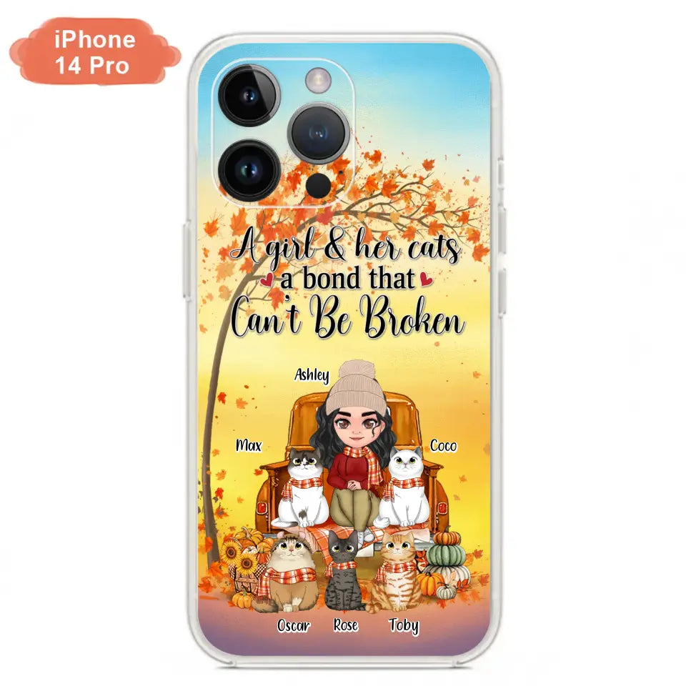 Custom Personalized Cat Mom Fall Season Phone Case - Gift Idea For Cat Owners - Upto 5 Cats -  Case For iPhone/Samsung - A Girl & Her Cats A Bond That Can't Be Broken