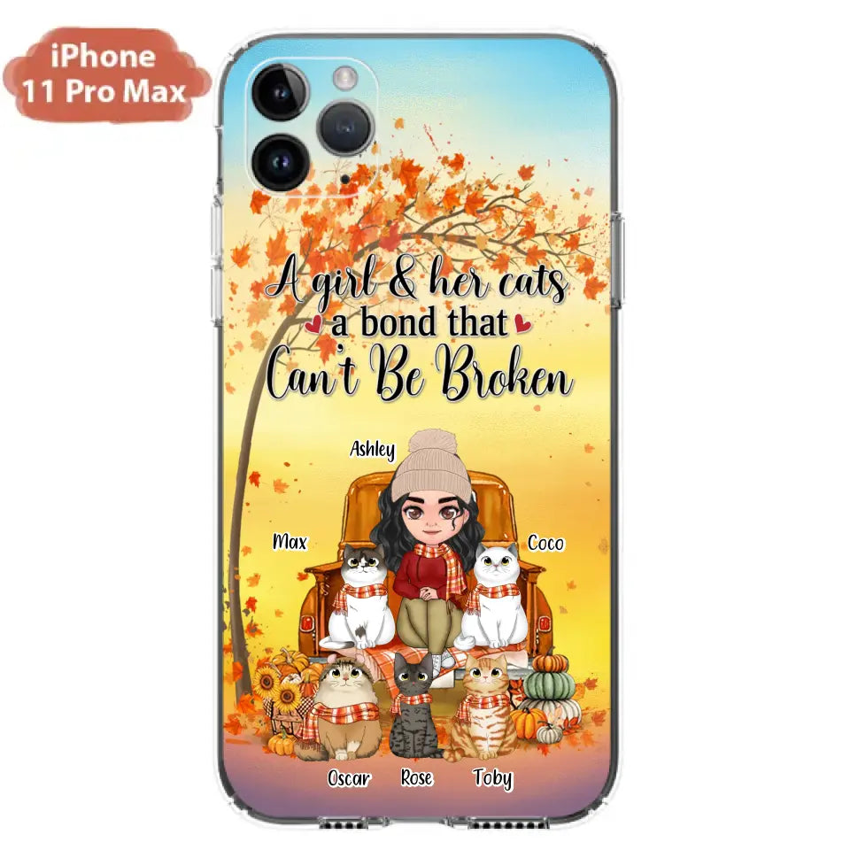 Custom Personalized Cat Mom Fall Season Phone Case - Gift Idea For Cat Owners - Upto 5 Cats -  Case For iPhone/Samsung - A Girl & Her Cats A Bond That Can't Be Broken