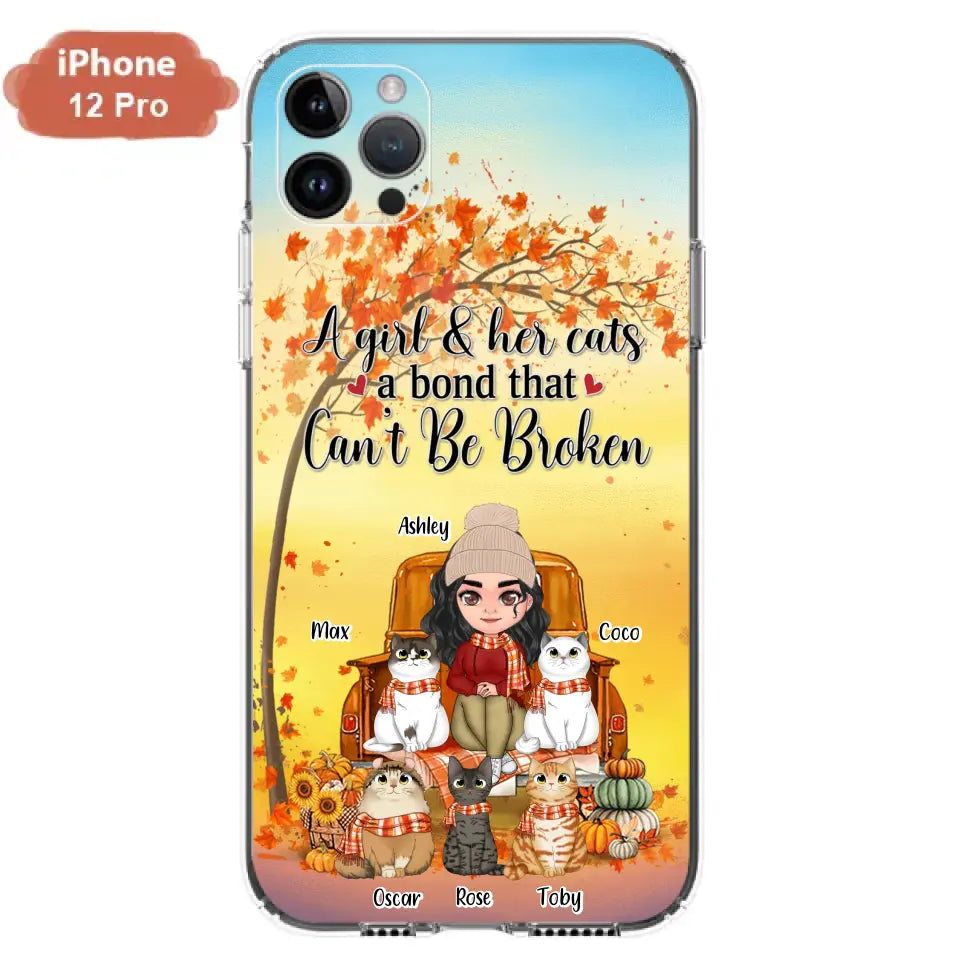 Custom Personalized Cat Mom Fall Season Phone Case - Gift Idea For Cat Owners - Upto 5 Cats -  Case For iPhone/Samsung - A Girl & Her Cats A Bond That Can't Be Broken