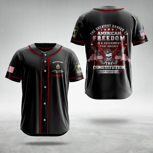 Personalized Veteran AOP Baseball Jersey - Gift Idea For Veteran/Father's Day - The Greatest Danger To American Freedom Is A Government That Ignores The Constitution