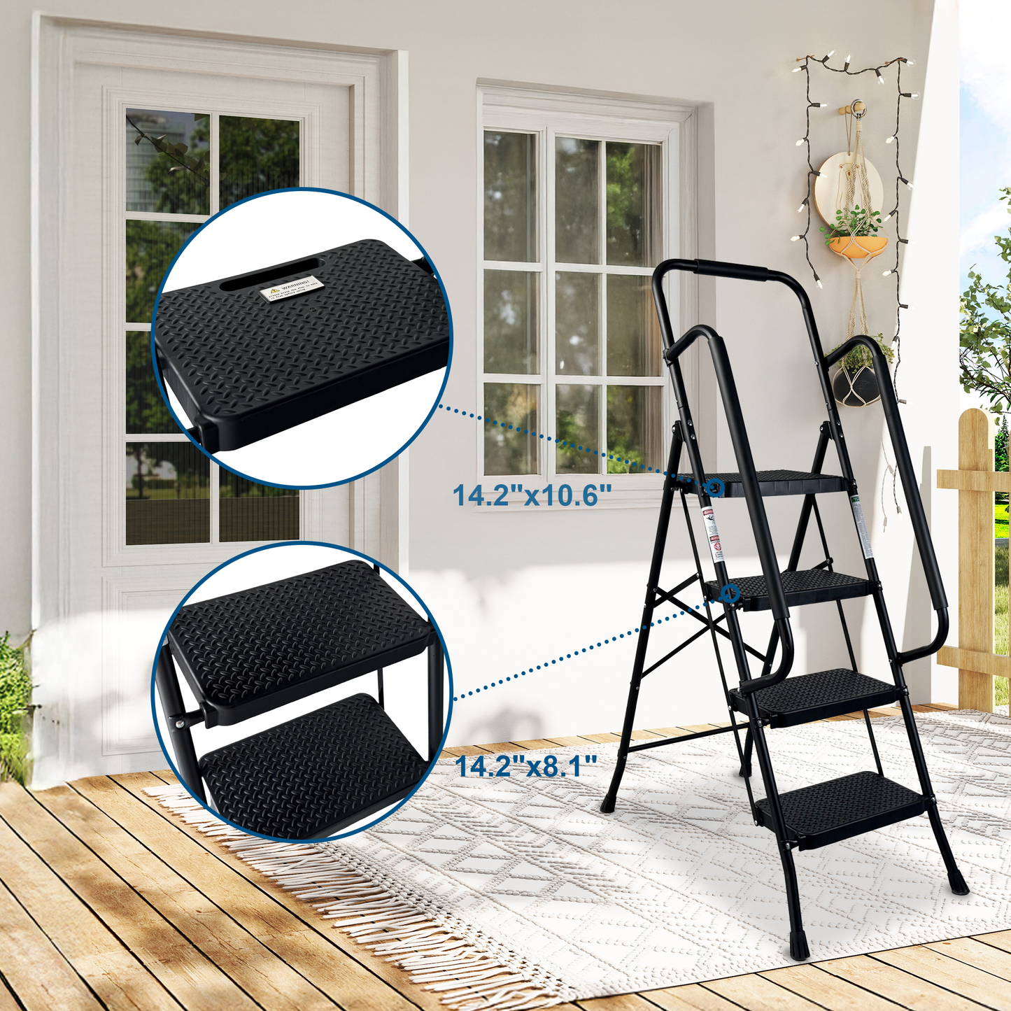 4 Step Folding Steel Ladder with Anti-Slip Pedals and Handrail