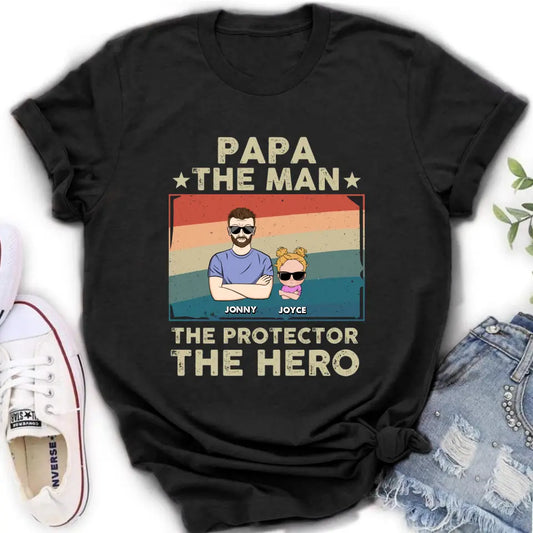 Personalized Grandpa Shirt/Hoodie - Grandpa with up to 9 Grandchildren - Father's Day Gift Idea for Grandpa - Papa The Man The Protector The Hero