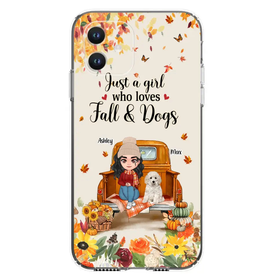Custom Personalized Dog Mom Autumn Phone Case - Gift Idea For Dog Owners - Upto 5 Dogs -  Case For iPhone/Samsung - Just A Girl Who Loves Fall & Dogs