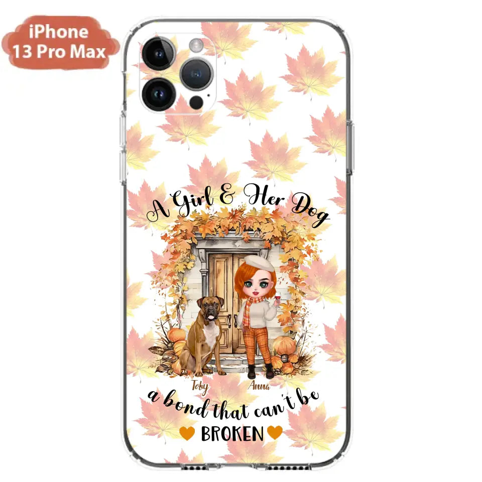 Custom Personalized Fall And Dogs Phone Case - Gift Idea for Dog Lovers - Upto 6 Dogs - A Girl & Her Dogs A Bond That Can't Be Broken - Case For iPhone And Samsung